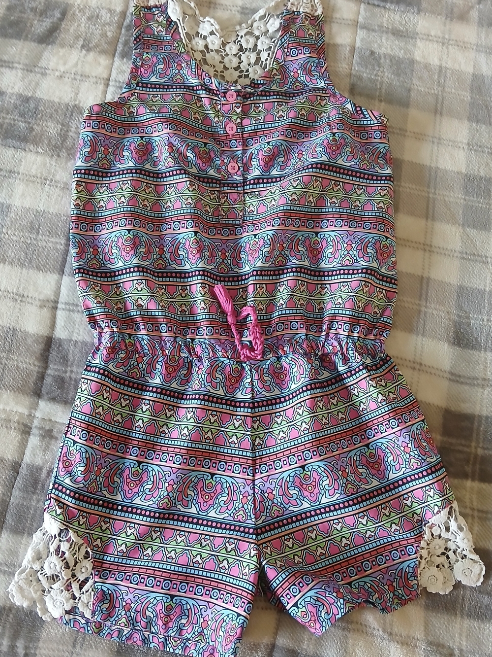 Girls 6X STAR RIDE Sleeveless Paisley Print One PIECE Romper with Lace Trim
